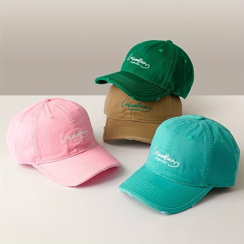 Distressed Peaked Cap Sunshade Outdoor Soft Top Washed Embroidery Curved Brim