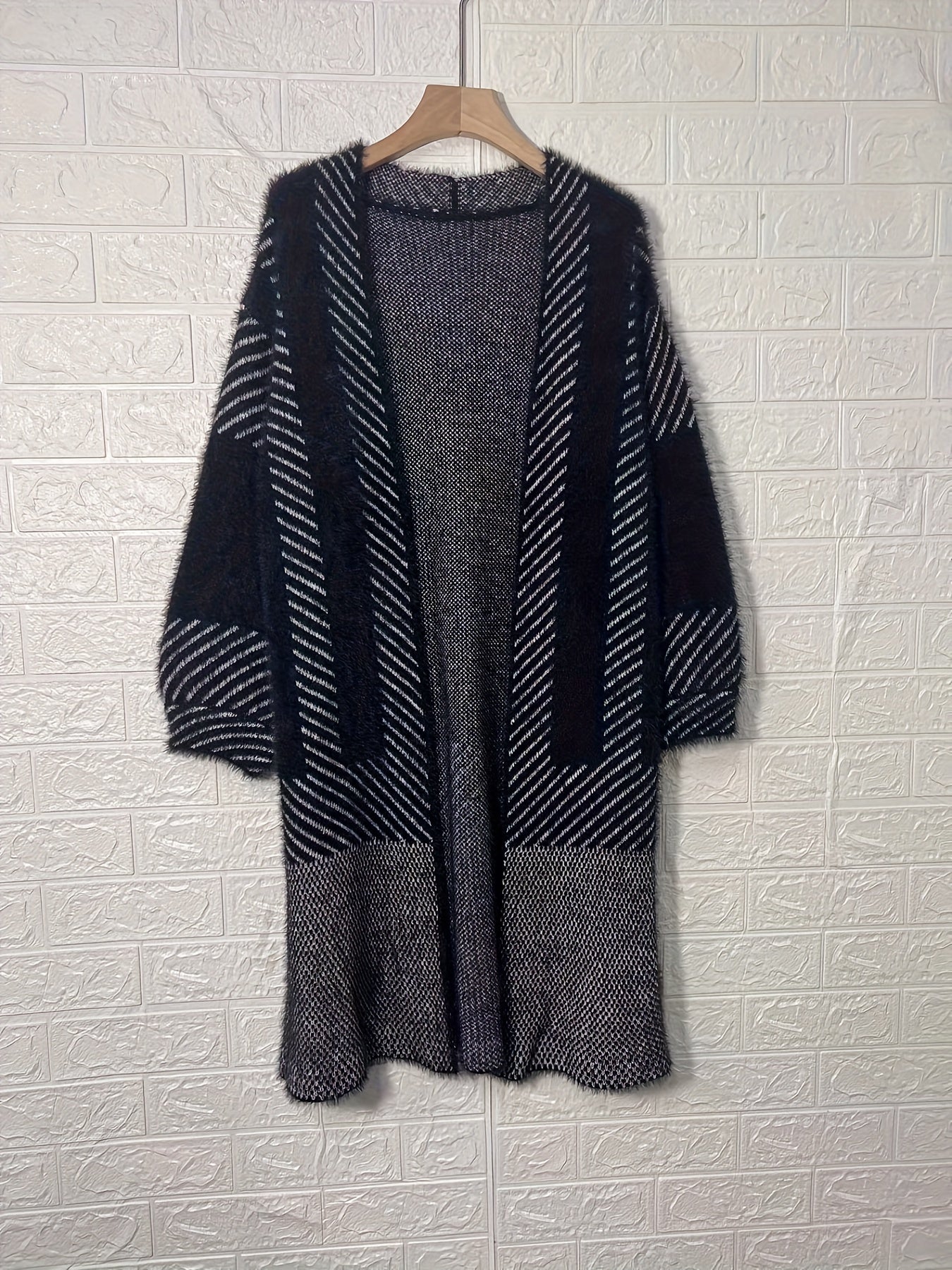 Striped Knitted Open Front Cardigan Vintage Long Sleeve Cardigan