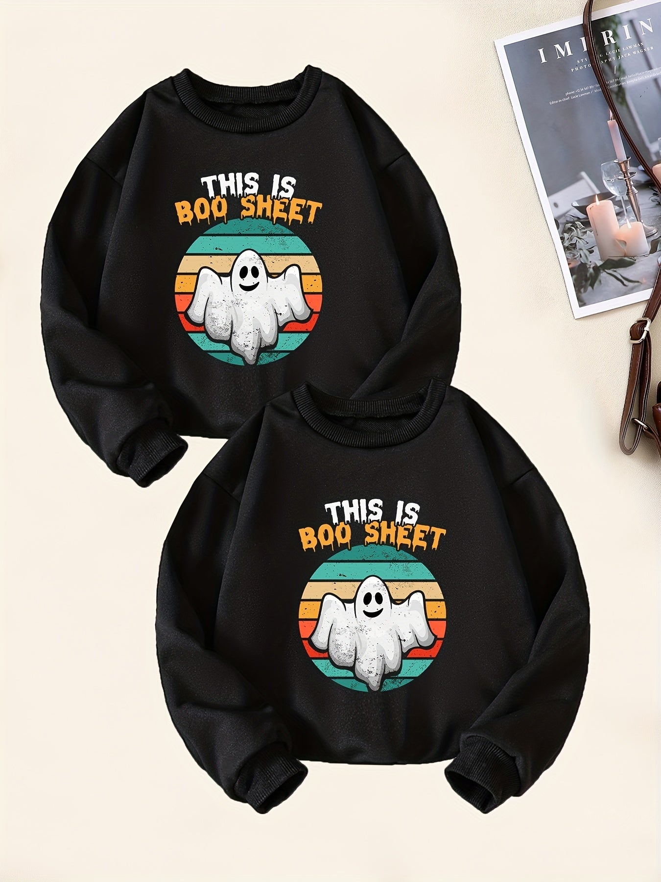 2pcs Halloween Boo Print Boys Pullover Sweatshirt Crew Neck Tops Kids Clothing