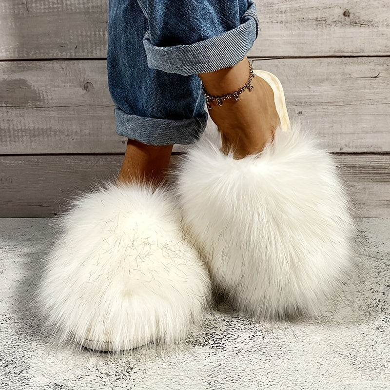 Women's Cozy Fluffy Slippers Warm Plush Flat Slip On Shoes