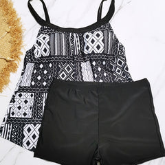 Boho Tankini Set Geo Print Cami Top & Shorts Swimsuit