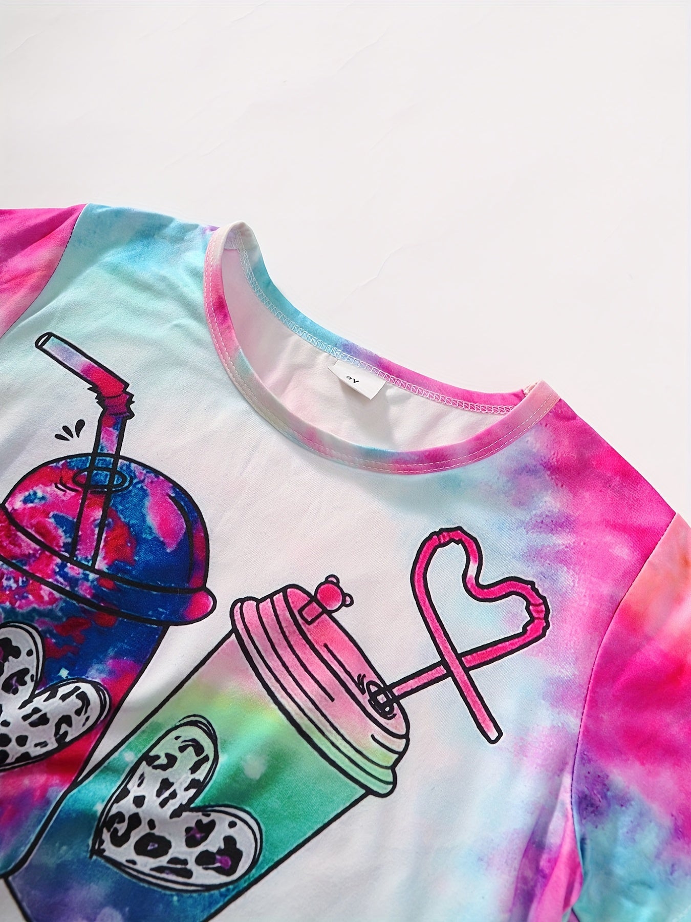 Girls' Pink Tie Dye Shorts Suit Drinks Pattern Short Sleeve T Shirt & Shorts Set