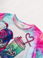 Girls' Pink Tie Dye Shorts Suit Drinks Pattern Short Sleeve T Shirt & Shorts Set