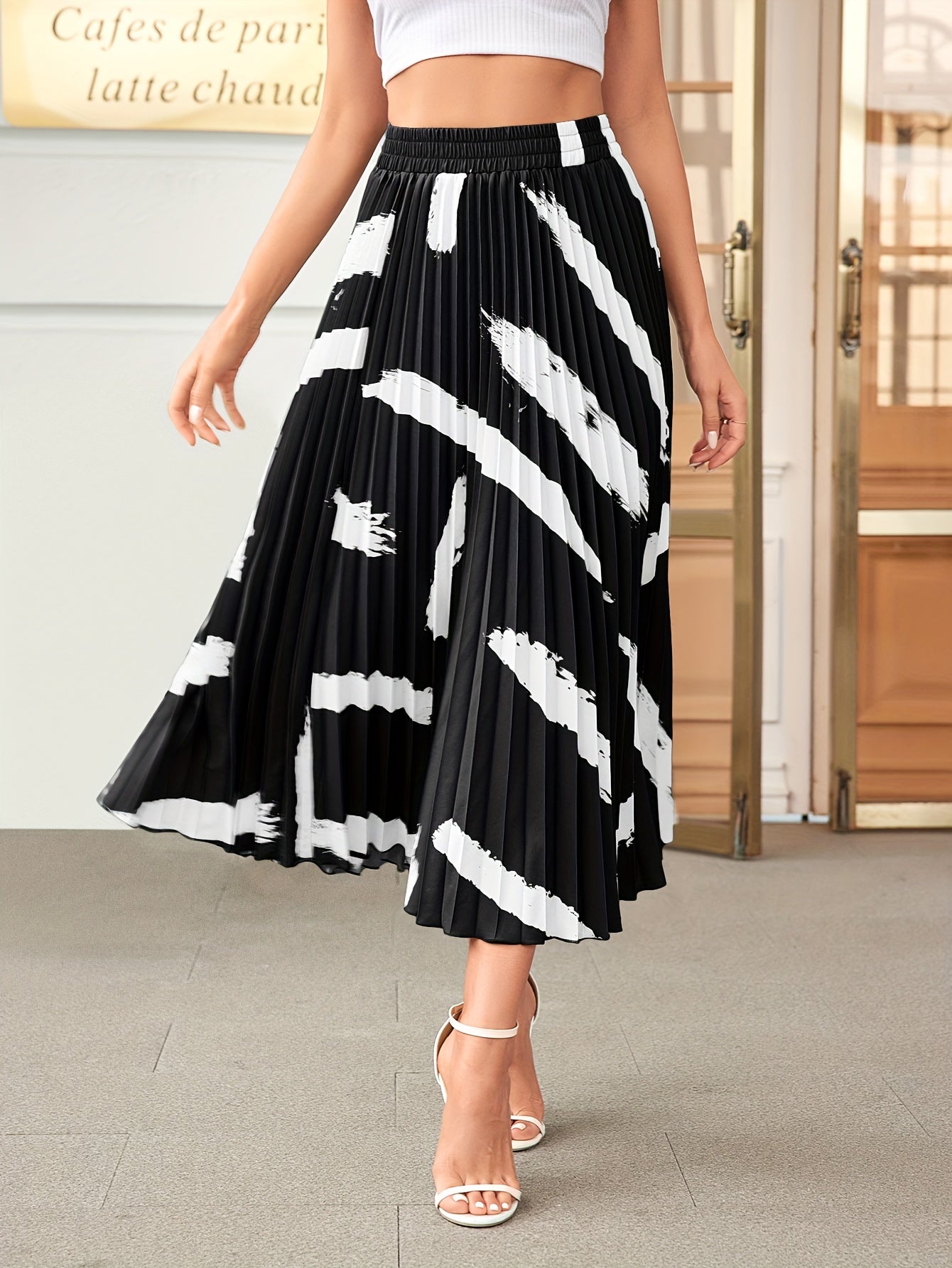 Vintage Brush Print Pleated Skirt Elastic Waist Midi