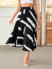 Vintage Brush Print Pleated Skirt Elastic Waist Midi