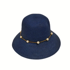 Faux Pearl Chain Bucket Hat Solid Summer Sun Hat Straw Beach Hats