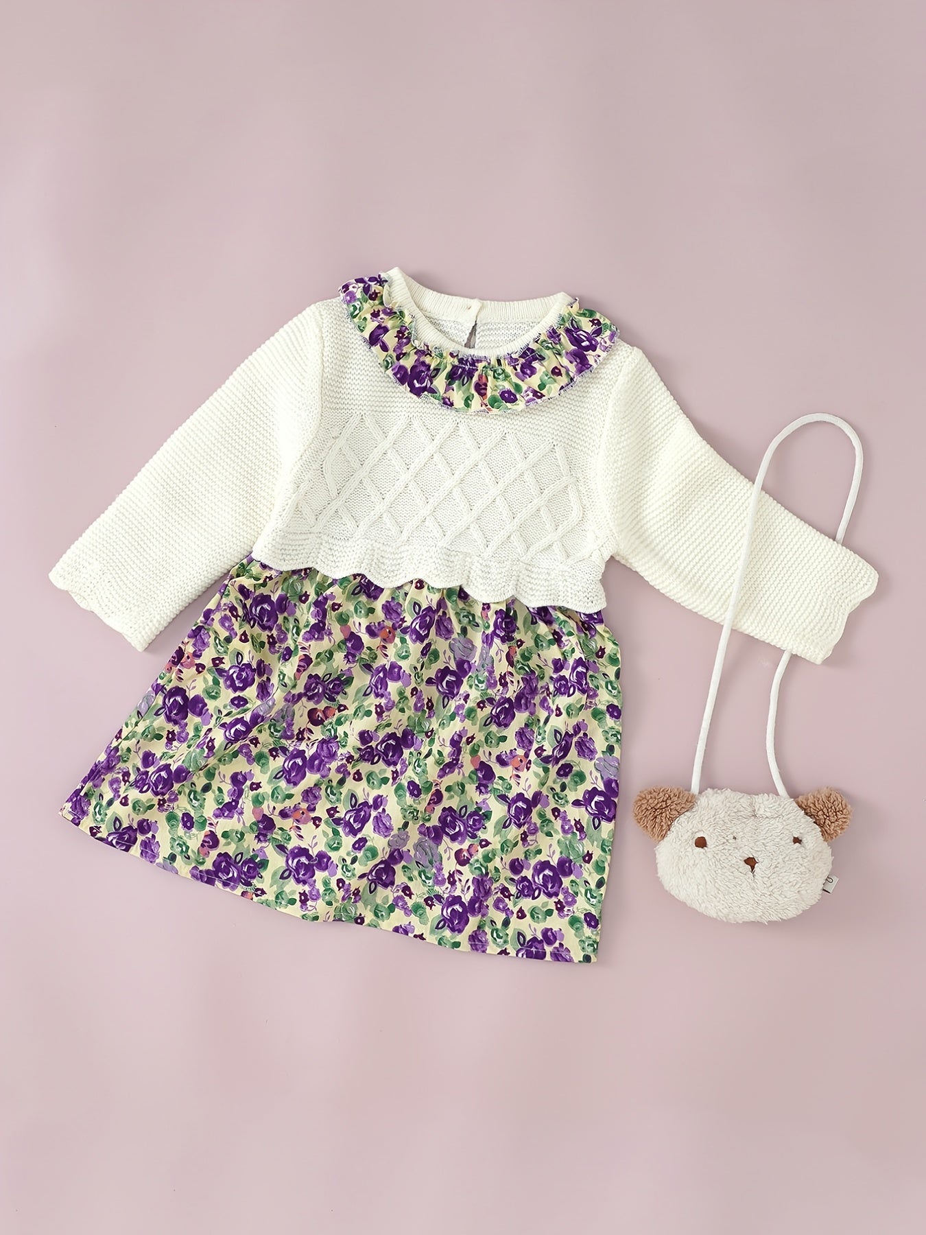 Baby Dress Girls Holiday Style Knit Floral Print Long Sleeve Dress