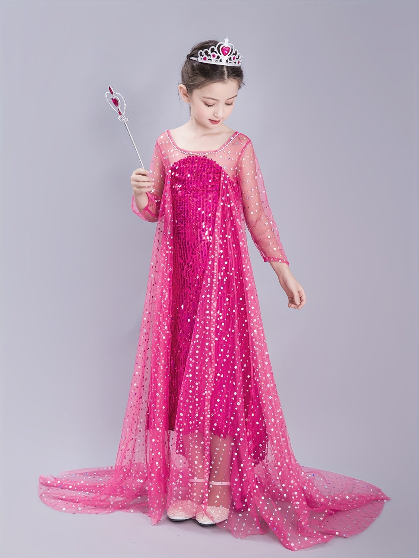 Princess Dress & Accessories Set with Sequin Decor Mesh Cloak