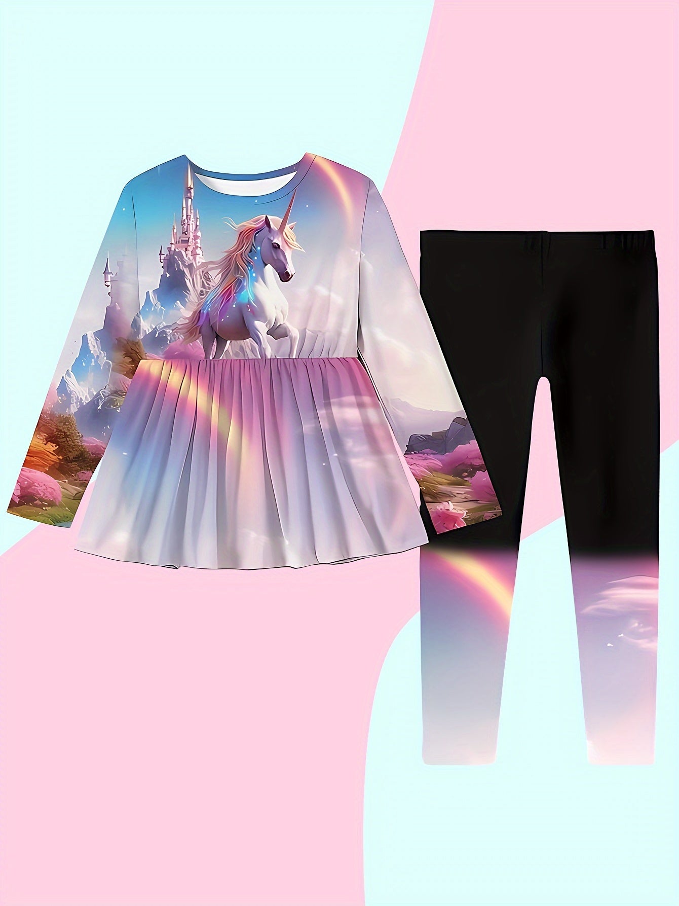 2pcs Unicorn Print Outfits Crew Neck Long Sleeve Top Pants Set