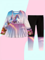 2pcs Unicorn Print Outfits Crew Neck Long Sleeve Top Pants Set