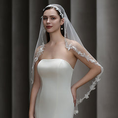 Tulle Cathedral Bridal Veil with Floral Embroidery