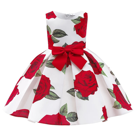 Girls Princess Dress Floral Print Bow Pageant Gown Christmas Birthday Party