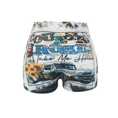 Letter & Truck Print Skinny Shorts