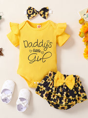 Baby Girls Ribbed Fly Sleeve Onesie & Shorts Set with Bow Headband