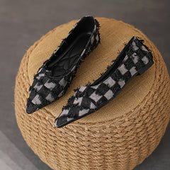 Plaid Pattern Denim Flats with Tassel Detail