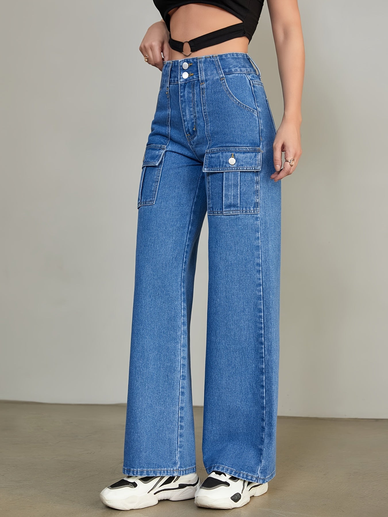 Flap Pockets Straight Jeans Loose Fit High Waist Non Stretch Denim Pants