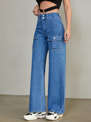 Flap Pockets Straight Jeans Loose Fit High Waist Non Stretch Denim Pants