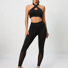 2pcs Halter Sports Bra & High Waist Mesh Leggings Set