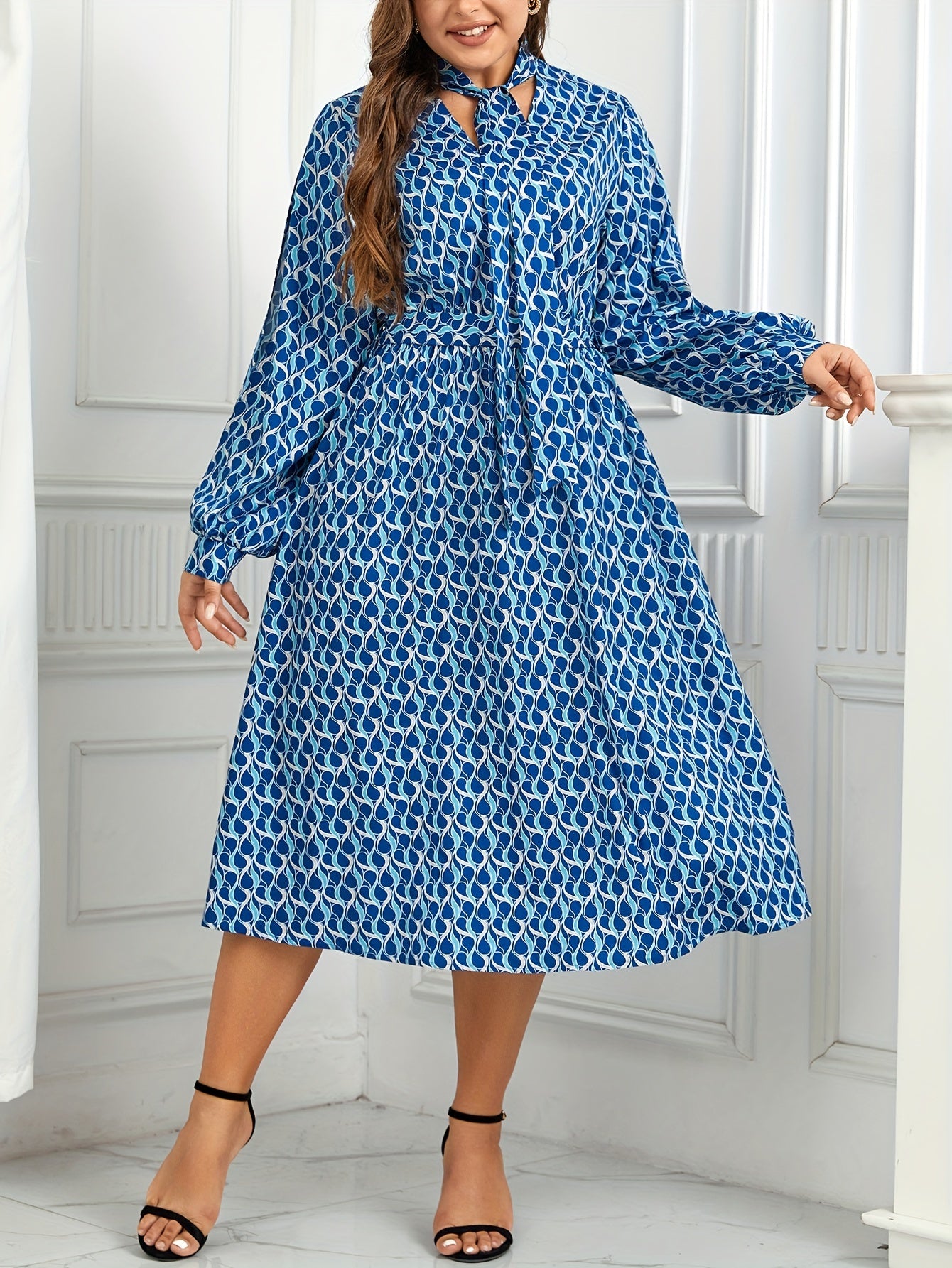 Dress Women's Plus Geometric Print Lantern Sleeve A line Maxi Dress