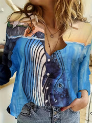 Painting Print Button Up Long Sleeve Shirt Top