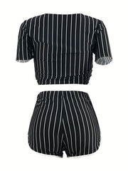 Striped Two piece Set Letter Print Top & Contrast Shorts
