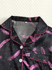 Girls Pink Feather Printed Pajama Set