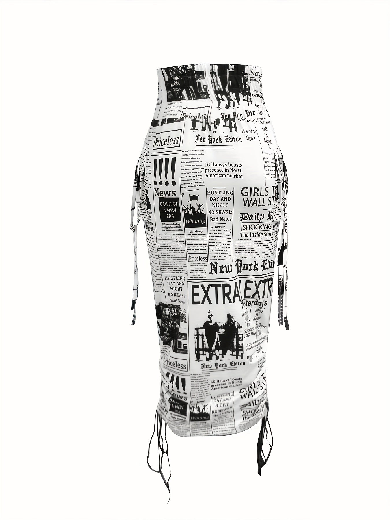 Y2K Newspaper Print Drawstring Skirt Bodycon Women's Clothing
