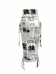 Y2K Newspaper Print Drawstring Skirt Bodycon Women's Clothing