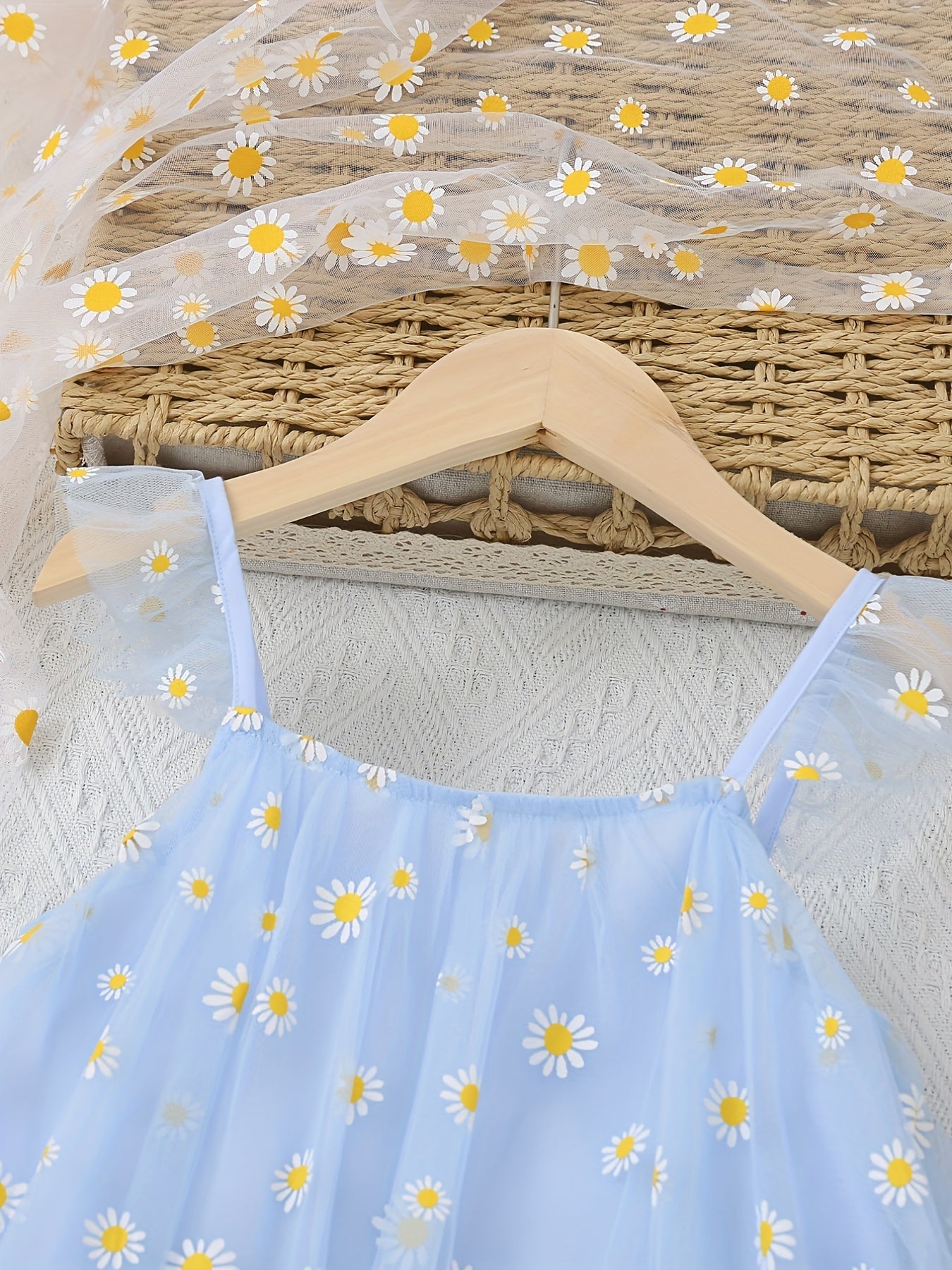 Girls' Daisy Flowers Print Tulle Cami Dress Summer Outfit