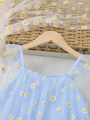 Girls' Daisy Flowers Print Tulle Cami Dress Summer Outfit