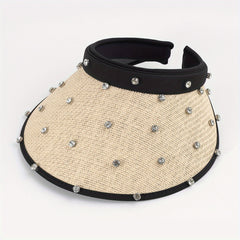 Straw Sun Hat with Faux Pearl Decor Wide Brim UV Protection