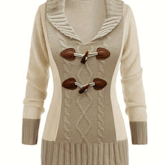 Colorblock Cable Button V-Neck Mini Sweater Dress