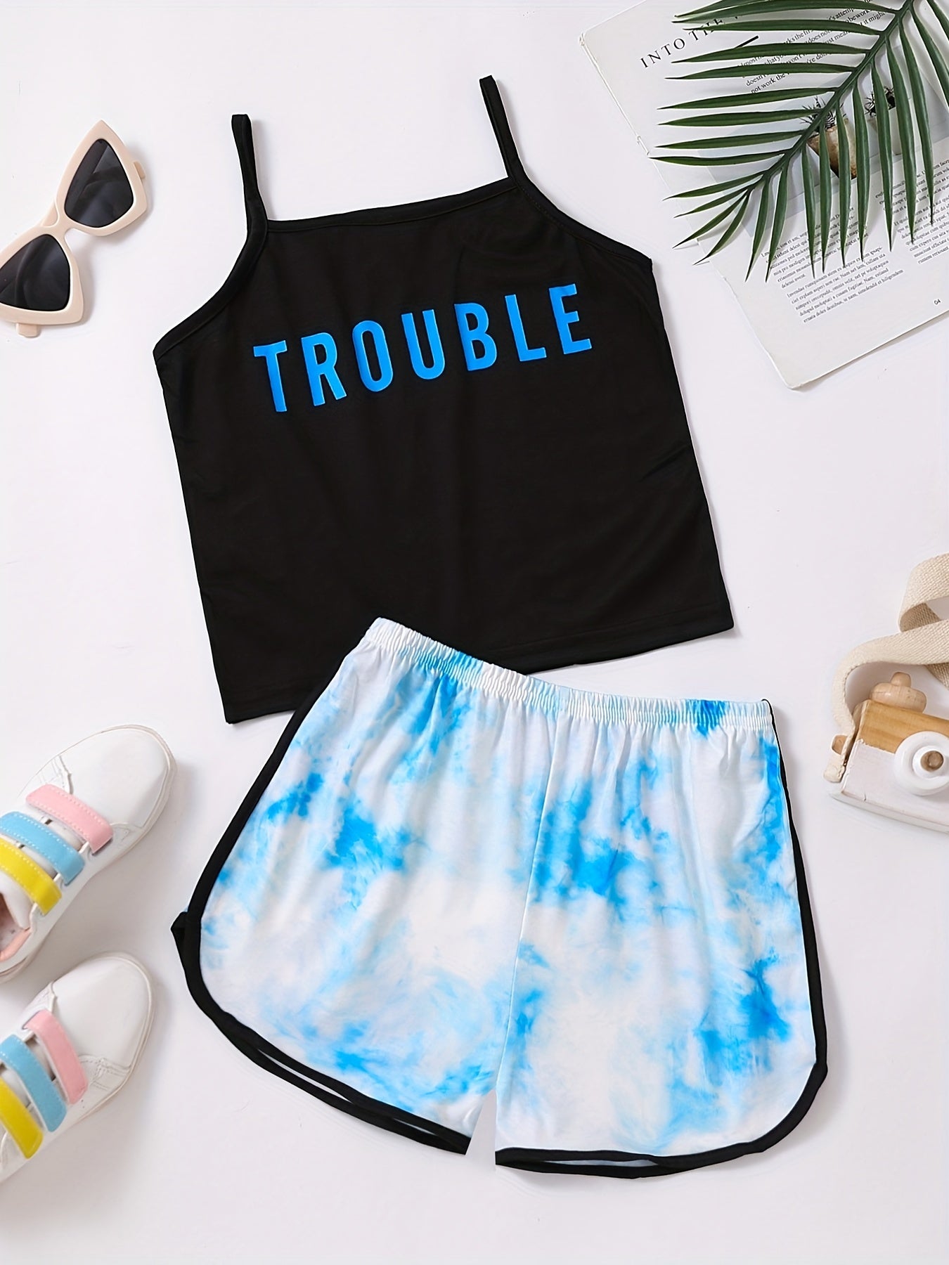 2pc Toddler Girls TROUBLE Cami Top & Tie Dye Shorts Set