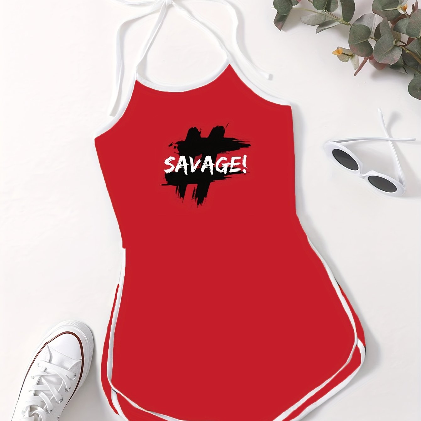 Letter Print Pajama Romper Casual Crew Neck Halter Lace Up Pajamas