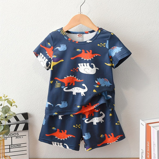 Boys Dinos Print Casual Outfit Tee & Shorts Kids Summer Sets