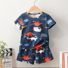 Boys Dinos Print Casual Outfit Tee & Shorts Kids Summer Sets