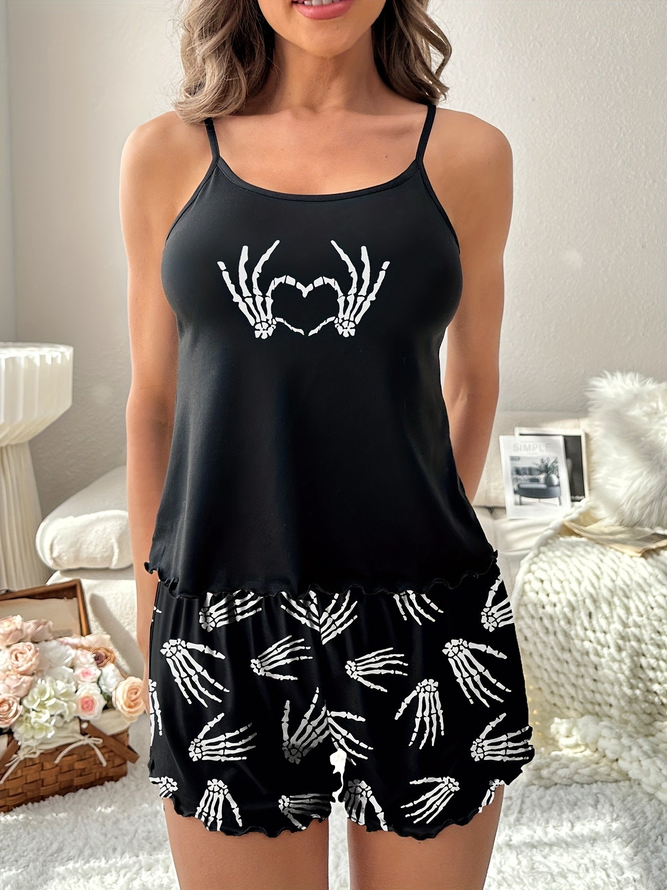 Skull Print Halloween Pajama Set Cami Top & Shorts