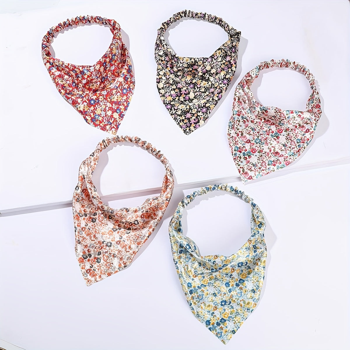 5pcs Flower Print Bandanas Elastic Triangle Scarf Headband Boho Kerchief