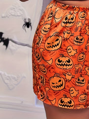 Plus Size Pumpkin & Ghost Print Crop Cami Top & Shorts Set