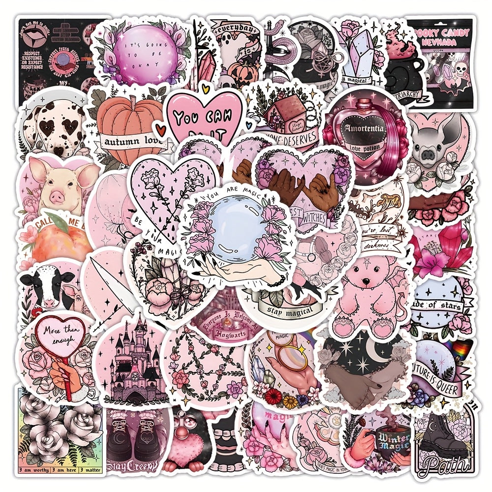 52pcs Pink Girl Cartoon Stickers Fantasy Theme Semi Matte Finish