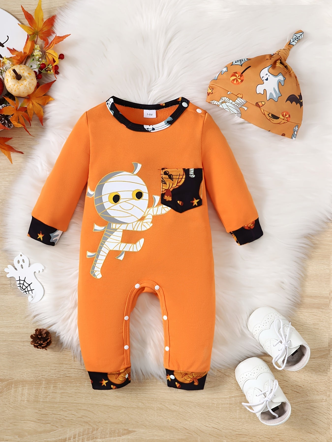 Cute Pumpkin Print Hooded Jumpsuit for Newborns