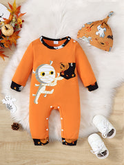Cute Pumpkin Print Hooded Jumpsuit for Newborns