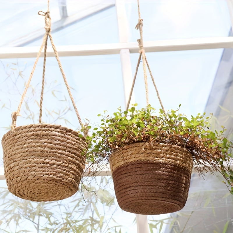 Straw Flower Basket Wall Hanging Decorative Pot Home Garden Patio