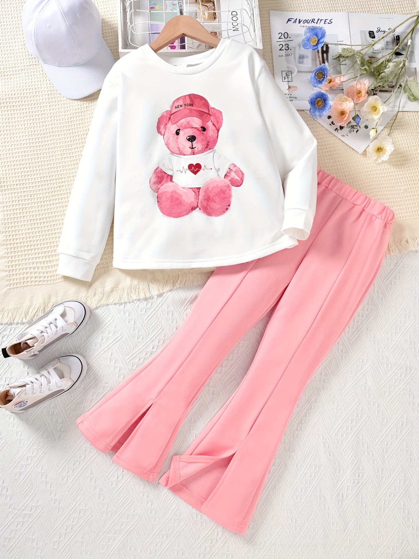 Girl's Cartoon Bear Outfit 2pcs Sweatshirt & Flared Pants Set