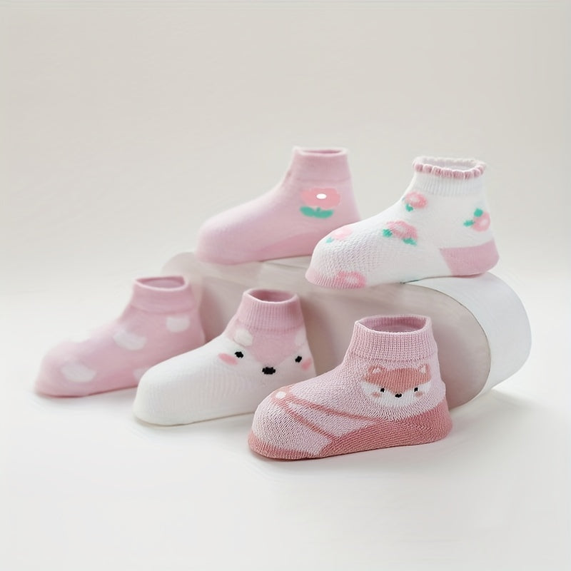 5 Pairs Girls Cartoon Knit Socks Thin Mesh for Summer & Spring