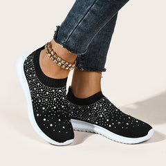 Women's Lightweight Knit Sneakers Low Top Faux Rhinestone Solid Casual Shoes