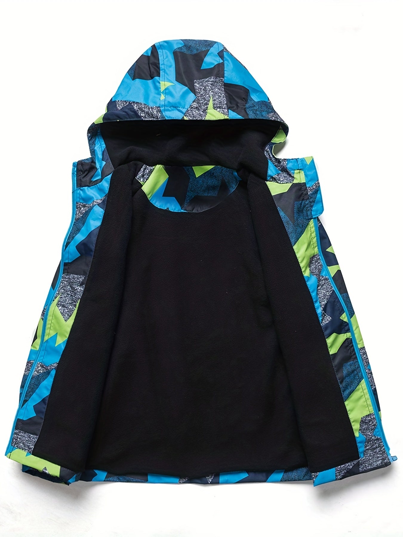 Boys Block Zip Up Fleece Lining Casual Hooded Jacket Raincoat Windbreaker