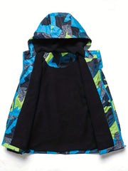 Boys Block Zip Up Fleece Lining Casual Hooded Jacket Raincoat Windbreaker