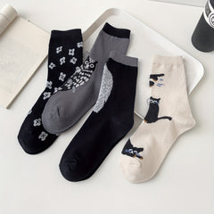 4 Pairs Cat & Owl Print Socks Cute & Comfy Women's Stockings