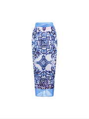 Floral Scarf Print Ruched Waist Knot Front Beachwear Cover Up